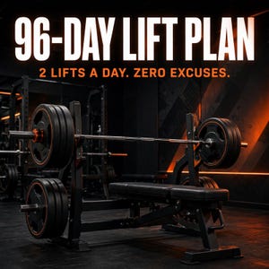 May include: A black weight bench with a barbell loaded with black weight plates featuring orange accents. The text 96-DAY LIFT PLAN and 2 LIFTS A DAY. ZERO EXCUSES. is displayed in white and orange lettering above the gym equipment.
