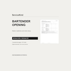 Checklista för bartenderöppning | Barinventarier och uppsättning | Redigerbart Word + PDF