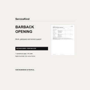 May include: A digital download of a Barback Opening checklist by ServiceKind. The document includes sections for stock, glassware, and service support, available as an editable Word file and printable PDF in US Letter size for one venue.