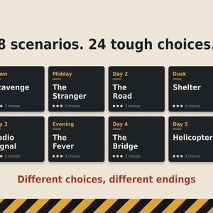 May include: A game board graphic titled 8 scenarios. 24 tough choices. featuring eight black rectangular cards with yellow text labels for time and day, white text for scenario names, and three dots indicating 3 choices. Bottom text reads Different choices, different endings.