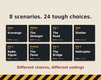 May include: A game board graphic titled 8 scenarios. 24 tough choices. featuring eight black rectangular cards with yellow text labels for time and day, white text for scenario names, and three dots indicating 3 choices. Bottom text reads Different choices, different endings.
