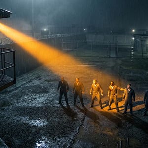 May include: A night scene at a prison yard featuring a tall guard tower with a bright orange spotlight shining down on a group of seven individuals standing in a line. The prison is surrounded by high concrete walls topped with barbed wire.