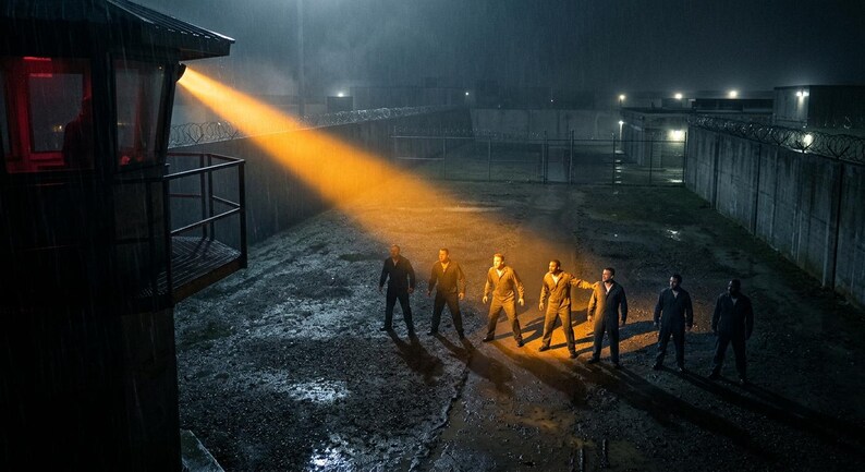 May include: A night scene at a prison yard featuring a tall guard tower with a bright orange spotlight shining down on a group of seven individuals standing in a line. The prison is surrounded by high concrete walls topped with barbed wire.