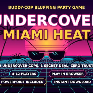 May include: A party game titled Undercover Miami Heat featuring a neon sunset, palm tree silhouettes, and sunglasses. Text includes Buddy-Cop Bluffing Party Game, 2 Undercover Cops. 1 Secret Deal. Zero Trust., 4-12 Players, Play in Browser, PowerPoint Included, and Instant Download.