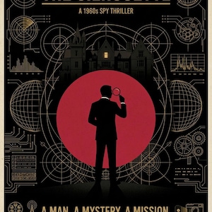 以下が含まれることがあります： THE SILHOUETTE A 1960s SPY THRILLERと題された黒と金のポスター。大きな赤い円を背景に虫眼鏡を持つ人物のシルエット、邸宅、技術的な図面、そしてA MAN. A MYSTERY. A MISSION.というテキストが描かれています。