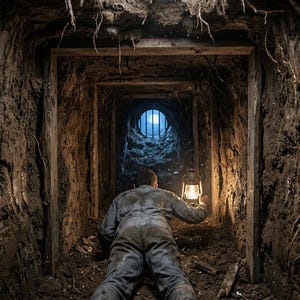 May include: A person in dark clothing crawls through a narrow, dirt-walled tunnel reinforced with wooden beams. The person holds a lit metal lantern that illuminates the dark passage, which leads toward a circular opening with a metal grate.