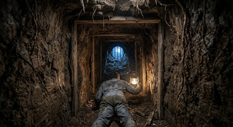 May include: A person in dark clothing crawls through a narrow, dirt-walled tunnel reinforced with wooden beams. The person holds a lit metal lantern that illuminates the dark passage, which leads toward a circular opening with a metal grate.