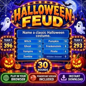 May include: A digital Halloween Feud game board featuring the text Name a classic Halloween costume, with a list of answers including Witch, Ghost, Vampire, Zombie, Pumpkin, Frankenstein, and Pirate, set against a purple spooky background.