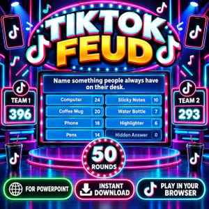 May include: A digital game board titled TikTok Feud with a neon aesthetic. The screen displays the question Name something people always have on their desk with a list of answers and scores, flanked by Team 1 and Team 2 scoreboards.