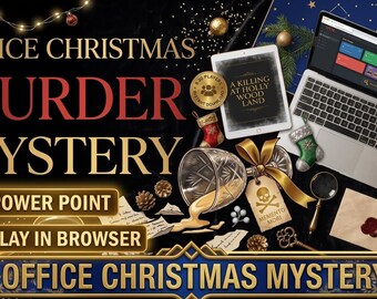 May include: A digital murder mystery game kit titled A Killing at Holly Wood Land, featuring a laptop displaying a dashboard, a tablet, a spilled glass, a skull-adorned tag, a magnifying glass, and an envelope with a wax seal on a dark background.