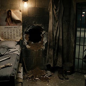 May include: A prison cell interior featuring a metal bed frame with a gray blanket, a large metal spoon, and a pipe. A January 1971 calendar hangs on the cinder block wall next to a large hole. A metal door with bars stands to the right.