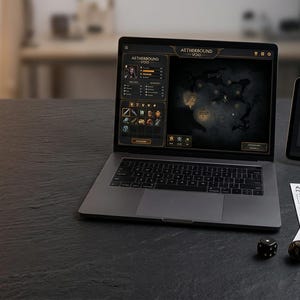 May include: A dark gray laptop displaying the Aetherbound Void game interface, a tablet showing a What's Included list, two white Aetherbound Void player sheets, a wooden pencil, and two black dice with white pips arranged on a textured surface.