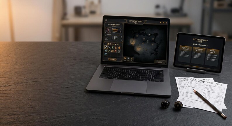 May include: A dark gray laptop displaying the Aetherbound Void game interface, a tablet showing a What's Included list, two white Aetherbound Void player sheets, a wooden pencil, and two black dice with white pips arranged on a textured surface.