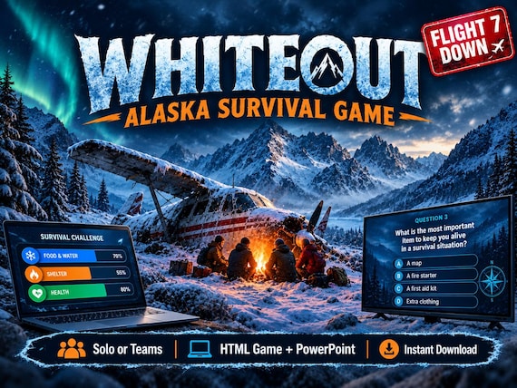 Winter Survival Game, Alaska Blizzard Adventure, Solo or Team Play, HTML Game and PowerPoint, Instant Digital Download