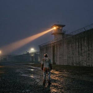 May include: A person stands in a dark, foggy outdoor area facing a tall concrete wall topped with barbed wire. A guard tower with a bright, orange-toned spotlight beam illuminates the scene, casting light across the wet, gravel ground.