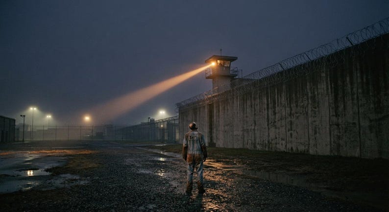 May include: A person stands in a dark, foggy outdoor area facing a tall concrete wall topped with barbed wire. A guard tower with a bright, orange-toned spotlight beam illuminates the scene, casting light across the wet, gravel ground.