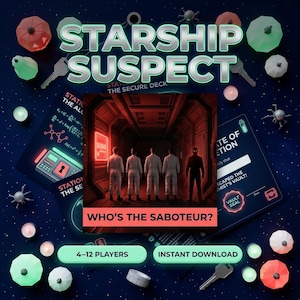 May include: Starship Suspect board game set featuring a central card with five figures in a red-lit corridor. The text reads Starship Suspect and Who's the Saboteur? surrounded by game cards, keys, and small geometric tokens on a dark blue background.