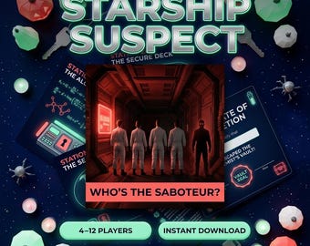 May include: Starship Suspect board game set featuring a central card with five figures in a red-lit corridor. The text reads Starship Suspect and Who's the Saboteur? surrounded by game cards, keys, and small geometric tokens on a dark blue background.