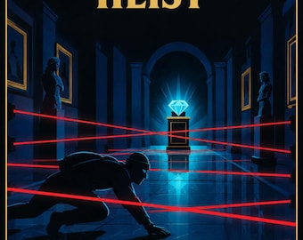 May include: A game poster titled THE GREAT MUSEUM HEIST featuring a silhouette of a person crawling through red laser beams in a dark museum toward a glowing blue diamond on a pedestal. Text includes PLAY IN BROWSER + POWERPOINT.