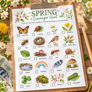 May include: A Spring Scavenger Hunt checklist on a clipboard featuring watercolor illustrations of nature items like a butterfly, bee, ladybug, bird nest, robin, flower bud, leaf, earthworm, ant, snail, puddle, rainbow, feather, mushroom, clover, moss, blossom, and caterpillar.