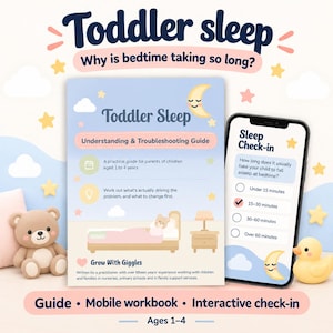Op de afbeelding: Een gids getiteld Toddler Sleep Understanding & Troubleshooting Guide en een smartphone met een interactief Sleep Check-in formulier. De gids toont een beer in bed, een maan en sterren. De telefoon toont een meerkeuzevraag voor ouders.