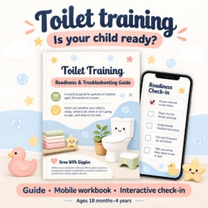 Può includere: Una guida all'uso del vasino e un quaderno di esercizi mobile con il testo Toilet Training Readiness & Troubleshooting Guide. La copertina mostra un WC disegnato, asciugamani e una stella. Uno smartphone mostra una lista di controllo.