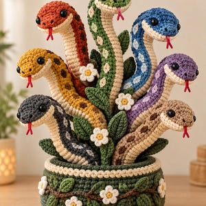 Op de afbeelding: Een gehaakt beeldhouwwerk met zes veelkleurige slangen die uit een donkergroene ronde basis komen. De slangen zijn rood, groen, blauw, geel, paars en grijs, elk met zwarte ogen en een rode tong. De basis is versierd met gehaakte bladeren en witte bloemen.