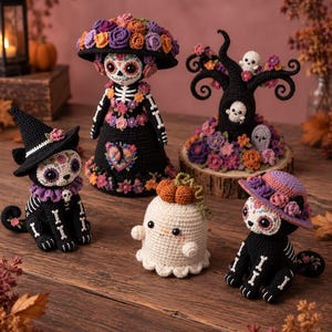 May include: A collection of five crocheted figures including a skeleton doll with a floral hat, two black cats with skeleton markings and hats, a white ghost with a pumpkin on its head, and a black tree with small ghosts and flowers.
