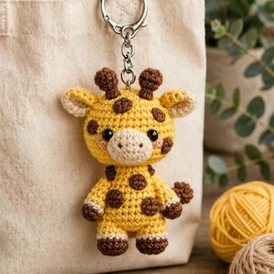 May include: A crochet giraffe keychain featuring a yellow body with brown spots, two small brown horns, and black plastic eyes. The giraffe is attached to a silver-toned metal split ring and chain, hanging from a beige canvas tote bag.