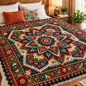 Pode incluir: Uma manta de crochê com um grande e intrincado padrão central de mandala em tons vibrantes de azul profundo, laranja, vermelho e verde-azulado. O design inclui motivos florais em relevo, pontos texturizados e uma borda festonada.