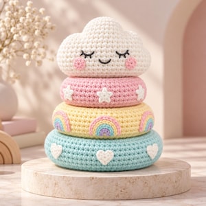 Crochet Rainbow Stacking Toy Pattern, Cloud Ring Tower PDF, Pastel Baby Stacker, Nursery Amigurumi Crochet Pattern Digital Download