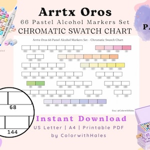May include: A printable chromatic swatch chart for Arrtx Oros 66 pastel alcohol markers. The document features rows of empty rectangular boxes for color testing, labeled with numerical codes. It includes text indicating it is a 1-page instant download.