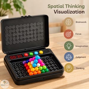 Puede incluir: Un estuche de juego de rompecabezas de plástico negro con un temporizador digital que muestra 00:30, piezas esféricas coloridas en forma de pirámide y botones de control. El texto a la derecha enumera Spatial Thinking Visualization, Brainwork, Focus, Imagination, Judgment y Thinking.