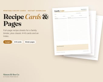 Recipe Cards 4x6 and Family Recipe Binder Pages, Recipe Index (Digital Download)