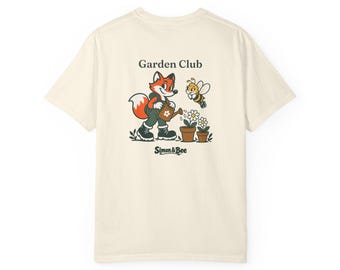 Camiseta del Club de Jardinería Simon & Bee, Comfort Colors 1717, estampado de zorro y flores en la parte delantera y trasera.