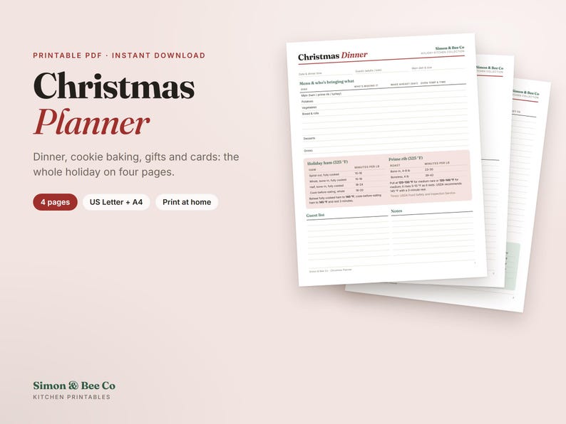 May include: A printable Christmas Planner PDF featuring four pages for organizing holiday dinner, cookie baking, gifts, and cards. The document includes sections for menu planning, guest lists, and cooking temperature charts for ham and prime rib.