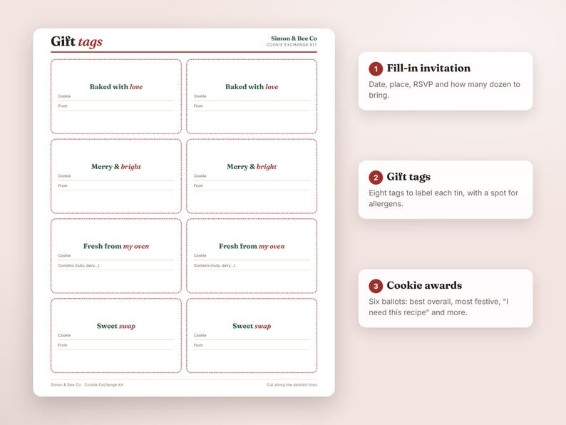 Christmas Cookie Swap Kit, Holiday Party Invitation, Recipe Cards, Gift Tags, Award Ballots (PDF) image 3