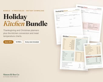 Holiday Kitchen Printable Bundle, Thanksgiving and Christmas, Conversion and Meat Temp Charts (Digital Download)