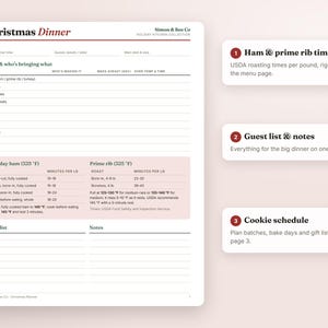 May include: A white Christmas Dinner planner sheet by Simon & Bee Co. featuring sections for menu planning, guest lists, and notes. It includes a table with USDA roasting times for ham and prime rib in degrees Fahrenheit and minutes per pound.
