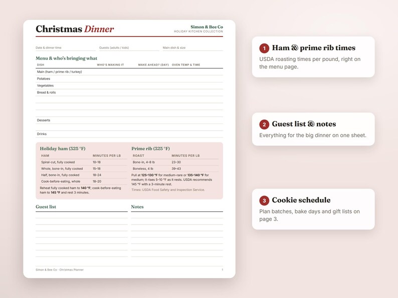 May include: A white Christmas Dinner planner sheet by Simon & Bee Co. featuring sections for menu planning, guest lists, and notes. It includes a table with USDA roasting times for ham and prime rib in degrees Fahrenheit and minutes per pound.