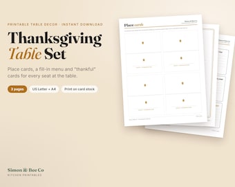 Thanksgiving Table Set, Golden Leaf Place Cards, Menu, Thankful Cards (Digital Download)