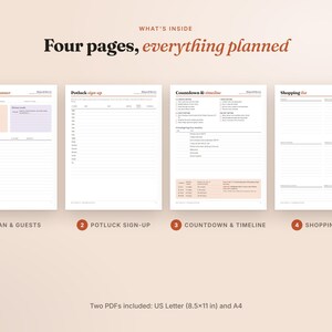 May include: A four-page Friendsgiving planner set featuring a Plan & Guests page, a Potluck Sign-up sheet, a Countdown & Timeline, and a Shopping List. The documents include text headers and lines for notes. Two PDFs are included: US Letter 8.5x11 in and A4.