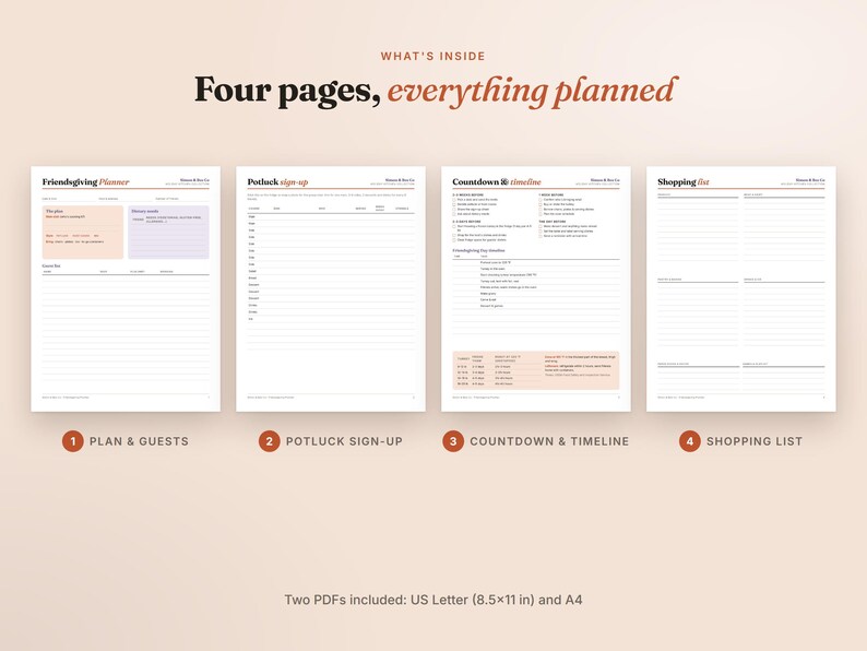May include: A four-page Friendsgiving planner set featuring a Plan & Guests page, a Potluck Sign-up sheet, a Countdown & Timeline, and a Shopping List. The documents include text headers and lines for notes. Two PDFs are included: US Letter 8.5x11 in and A4.