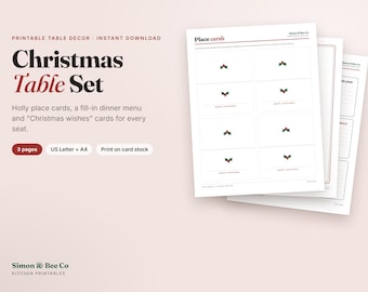 Juego de mesa navideño, tarjetas de lugar con acebo, menú de cena navideña, tarjetas de deseos (descarga digital)