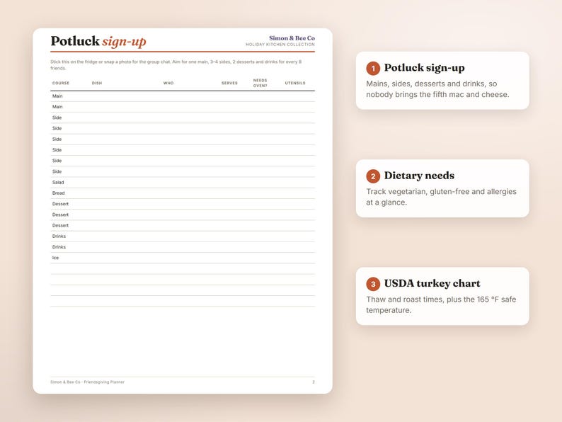 May include: A white paper potluck sign-up sheet with black text and brown accents. The document features columns for course, dish, who, serves, needs oven, and utensils. Three informational boxes describe the potluck sign-up, dietary needs, and USDA turkey chart with thaw and roast times, including the 165 &deg;F safe temperature.