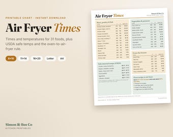 Air Fryer Cooking Times Chart Printable, Air Fryer Cheat Sheet, Kitchen Wall Art (Digital Download)