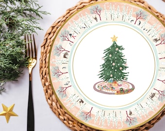 Pastel Christmas Tree Dinner Charger Plate Set |North Pole |Christmas Village |Winter Woodland White Christmas Decor |Holiday Dinnerware Set