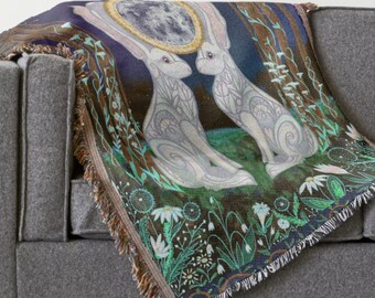 Lunar Moth Hares Bunny Rabbit Mushroom Woven Tapestry Blanket Throw | Cottagecore Pagan Witchy Fairycore Mushroomcore Moonphase Home Decor