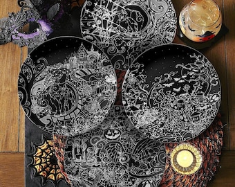 Halloween Nights Gothic Plate Set | Autumn Dinnerware | Elegant Halloween Home Decor | Dark Cottagecore | Wicca Alter Plate | Witchy Gifts