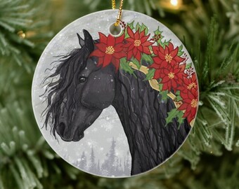Poinsettia Friesian Black Forest Horse Christmas Yule Ornament | Horse Art Lover Equestrian Gift | Winter Woodland Cottagecore Horse Decor